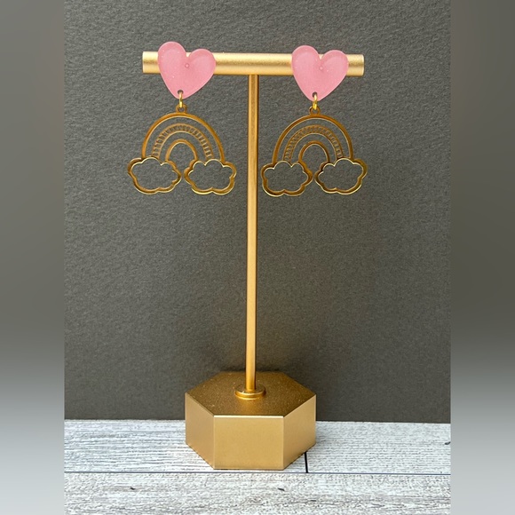 Cute Gold Cloud & Rainbow  Earrings - Pink Heart Gold Kawaii Earrings - Picture 6 of 7